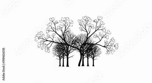 Stylized black and white drawing of a cluster of trees with blossoms