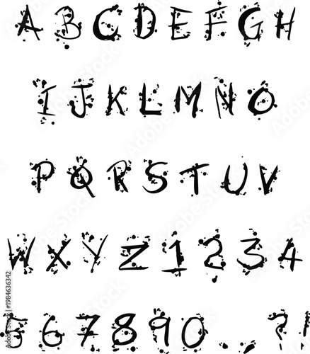 Handwritten Halloween blood splatter sketch typography font lettering ABC cartoon vector text