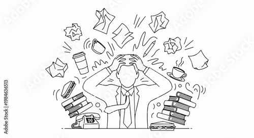 Stressed office worker overwhelmed with papers, coffee, books, and phone