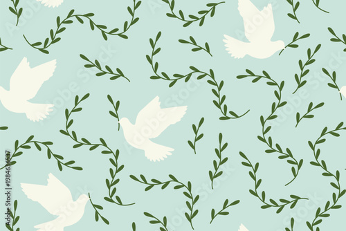 seamless first holy communion pattern with white dove and green twigs; great for wrapping, greeting cards, invitations- vector illustration