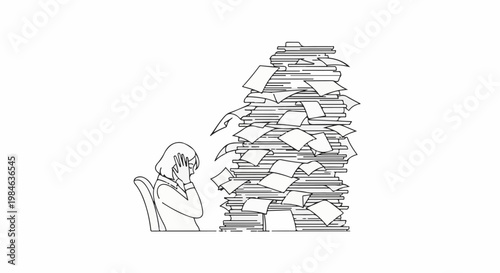 Stressed individual overwhelmed by enormous pile of paperwork