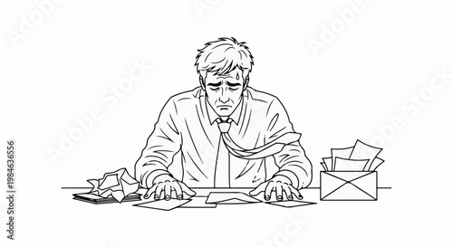 Stressed man with messy desk, overwhelmed by paperwork and tasks