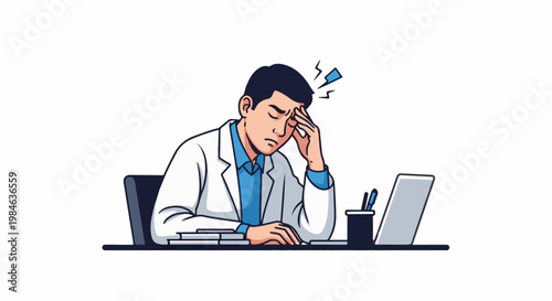 Stressed doctor with hand on forehead sits at desk with laptop