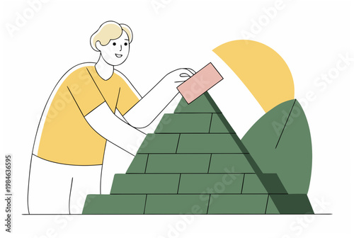 Smiling man building a brick pyramid. Retirement planning and long-term investing concept. Minimalist line art vector illustration