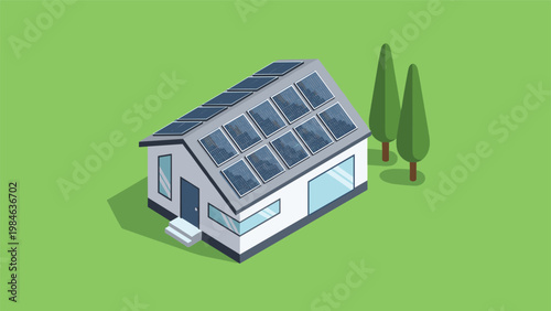 Modern eco friendly house features rooftop solar panels and large windows in a sustainable suburban landscape with green lawn.