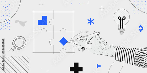 A hand fitting a puzzle piece amidst innovation and problem solving concepts