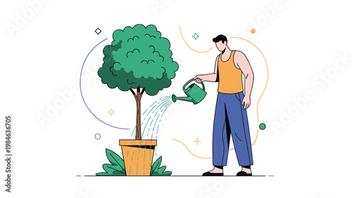 Young man in a yellow tank top carefully waters a leafy green tree planted in a large terracotta pot in a garden.