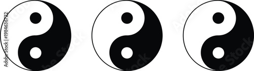 Yin and yang vector set, black and white harmony symbols collection featuring circular duality designs with balanced opposing shapes, minimalist spiritual concept illustration