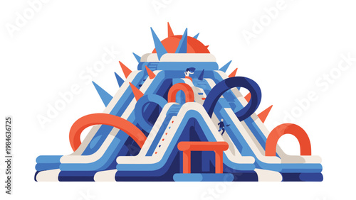 Colorful and complex inflatable water park structure with multiple slides and tubes designed for summer fun and recreation.