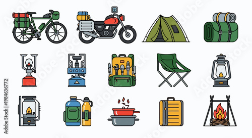 Colorful flat vector set of camping tools and riding accessories with bold black outlines. Designed without gradients, perfect for adventure, travel, and outdoor lifestyle design assets.