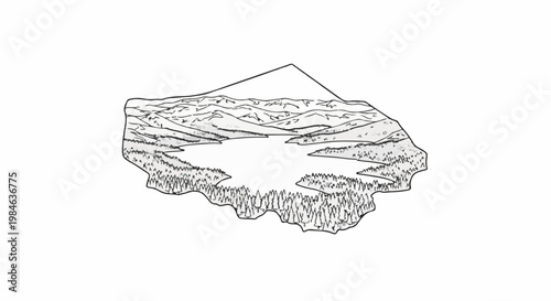 Stylized line art depicts a serene lake surrounded by pine trees and rolling mountains
