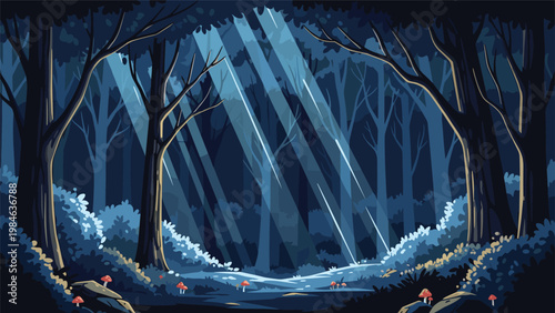 Atmospheric pixel art forest scene at night with bright moonlight rays filtering through the tall dark tree trunks.