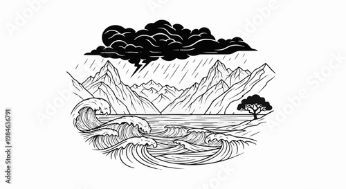 Stormy sea and mountains with a single tree under a dramatic sky