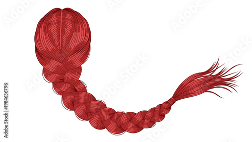 Long thick braid of vibrant red hair curves across a white background showing intricate detail in the hair strands.