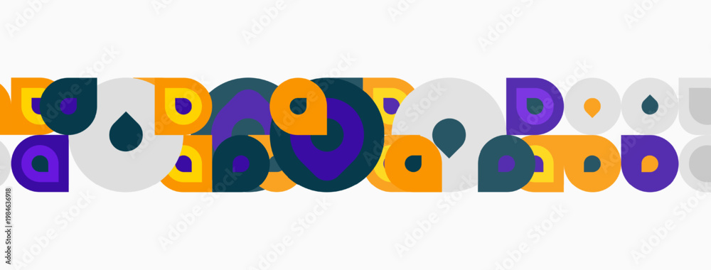 Fototapeta premium Abstract pattern features colorful circles, squares, rectangles. Shapes repeat creating rhythmic visual texture. Minimalist design.