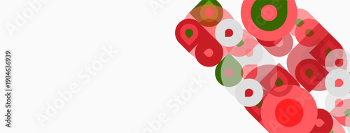 Abstract circles, varying sizes, colors. Red, green, pink hues dominate white background. Minimalist design, geometric shapes present.