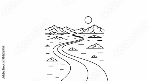 Stylized line art depicts a winding road through a mountainous landscape under a sun