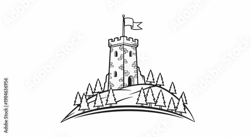 Stone tower with flag stands atop a hill surrounded by pine trees
