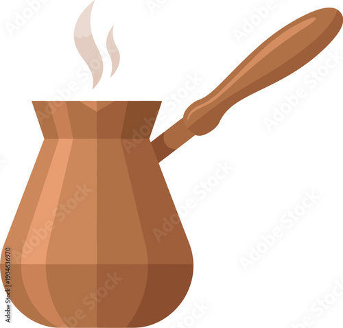 Traditional copper cezve or ibrik with steam rising, used for brewing Turkish coffee, on a white background.