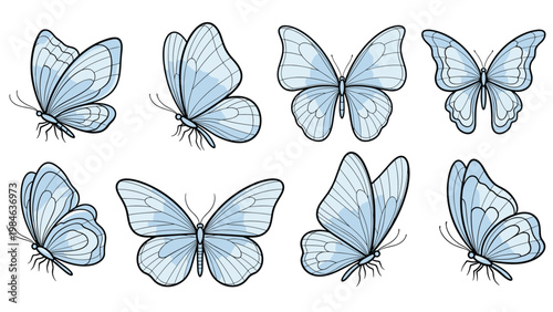 Set of beautiful light blue butterflies shown in various flying and resting positions with detailed wing patterns.