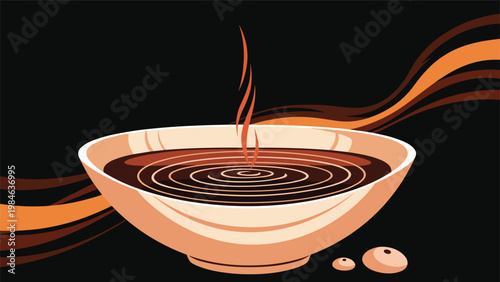 Stylized bowl of dark liquid with concentric ripples and rising steam set against a dark background with orange waves.