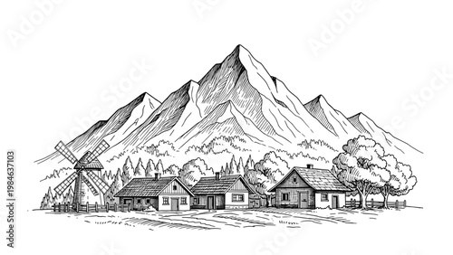Old-fashioned black and white engraving of a small village with a windmill nestled at the foot of massive mountains.