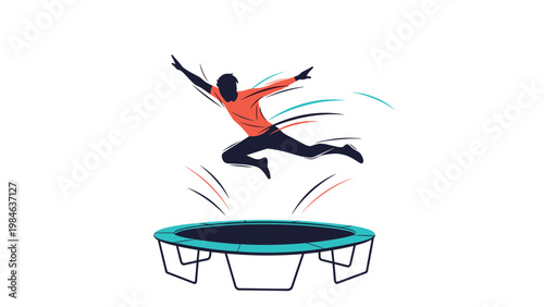 Dynamic silhouette of a man leaping high into the air above a blue trampoline with colorful motion lines.