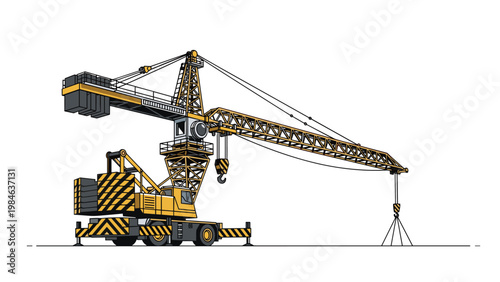 Tall yellow and black tower crane used for heavy lifting on a construction site shown against a white background.