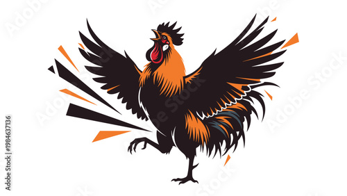 Bold and colorful illustration of a rooster with its head thrown back crowing loudly with its wings spread.
