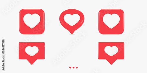 Three dimensional red heart shapes within rectangular and pin icons