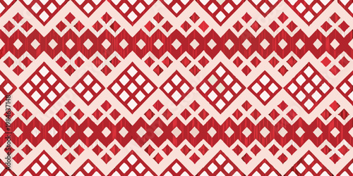 Repeating geometric pattern of red diamonds and zigzags on a white background