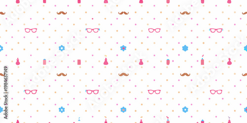 A playful pattern featuring mustaches glasses and colorful party decorations