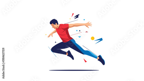 Athletic man in a red shirt and blue pants runs fast with high intensity surrounded by abstract motion shapes.