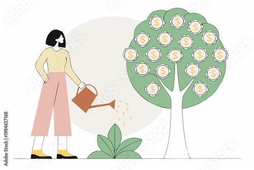 Woman watering money tree, concept of investment, financial growth, savings. Womens financial independence. Vector illustration for banner, website
