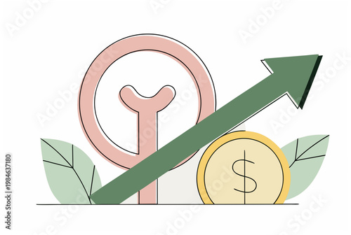 Womans financial independence growth with lightbulb innovation, money coin, and rising arrow idea icon vector illustration