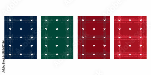 Four vertically arranged plaid patterns featuring scattered white hearts
