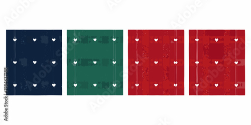 Four vertical panels featuring repeated heart motifs in varied colors