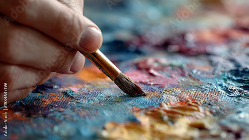 close-up hand painting colorful canvas.