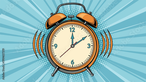 Retro orange alarm clock ringing loudly with vibration marks and a sunburst background representing early morning wakeup time.