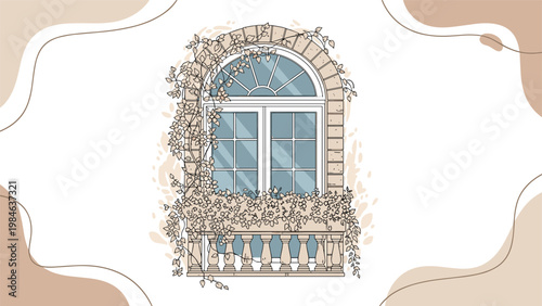 Beautifully designed arched stone window decorated with lush climbing vines and a decorative balcony railing on a white background.