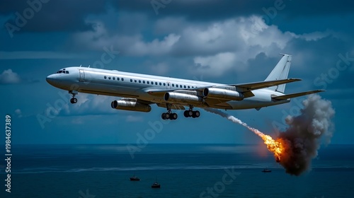 A large jetliner flying over the ocean with a fire coming out of it
