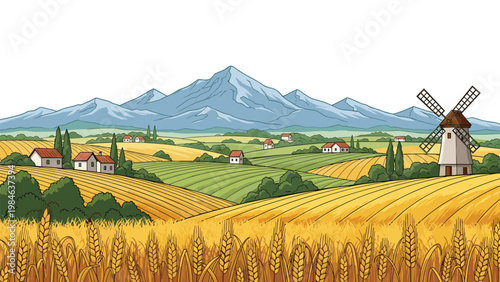 Idyllic countryside landscape featuring golden wheat fields a traditional windmill and majestic blue mountains under a clear sky.