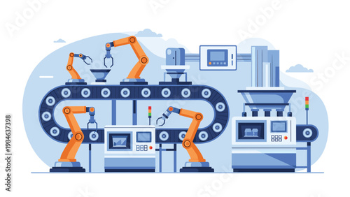 Automated factory floor featuring multiple orange robotic arms working on a conveyor belt system in a modern industrial setting.