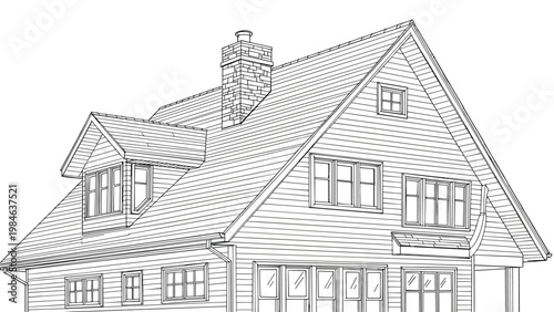 Detailed architectural sketch of a large two-story house with a brick chimney and many windows in a fine line style.