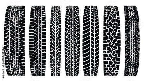 Set of black tire tread textures showing different patterns for various vehicles and terrains on a white background.