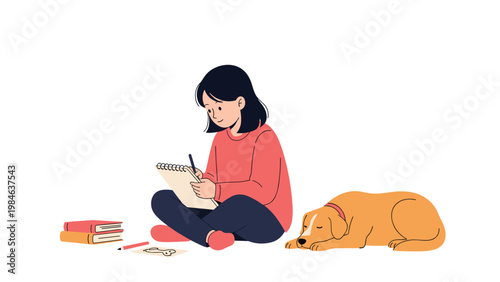 Young girl sitting on the floor drawing in her sketchbook while her cute golden dog sleeps peacefully beside her.