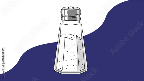 Simple glass salt shaker with a metal cap filled with white salt grains against a white and blue wavy background.