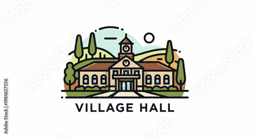 Stylized illustration of a village hall with a clock tower amid rolling hills and trees