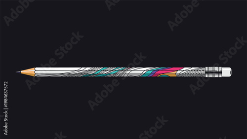 Long thin pencil featuring a vibrant multicolored body with blue pink and green patterns on a plain dark background.