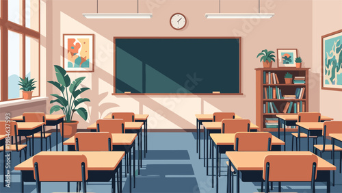 Interior of a bright and clean modern school classroom with rows of desks a large blackboard and wooden bookshelves.